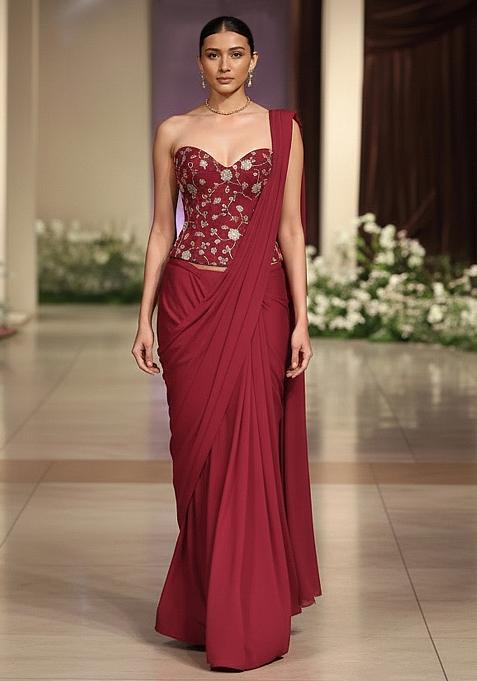 Red Embroidered Silk Pre Draped Saree Set