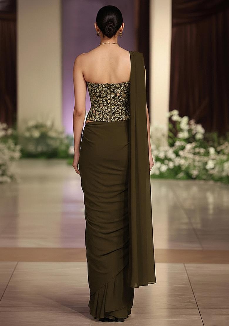 Brown Embroidered Gerogette Pre Draped Saree Set - Indya