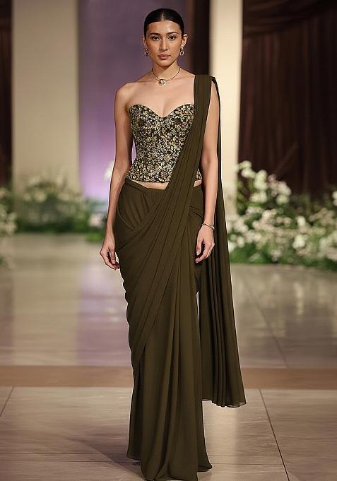 Brown Embroidered Gerogette Pre Draped Saree Set