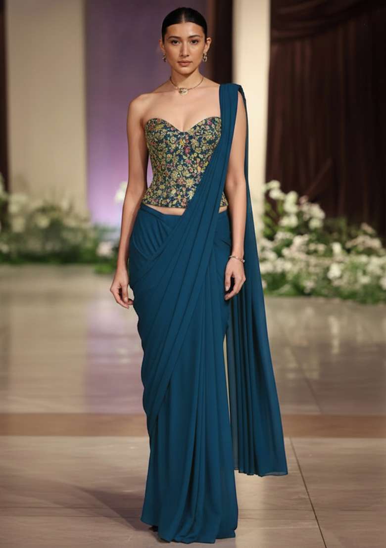 Dark Blue Embroidered Georgette Pre Draped Saree Set - Indya