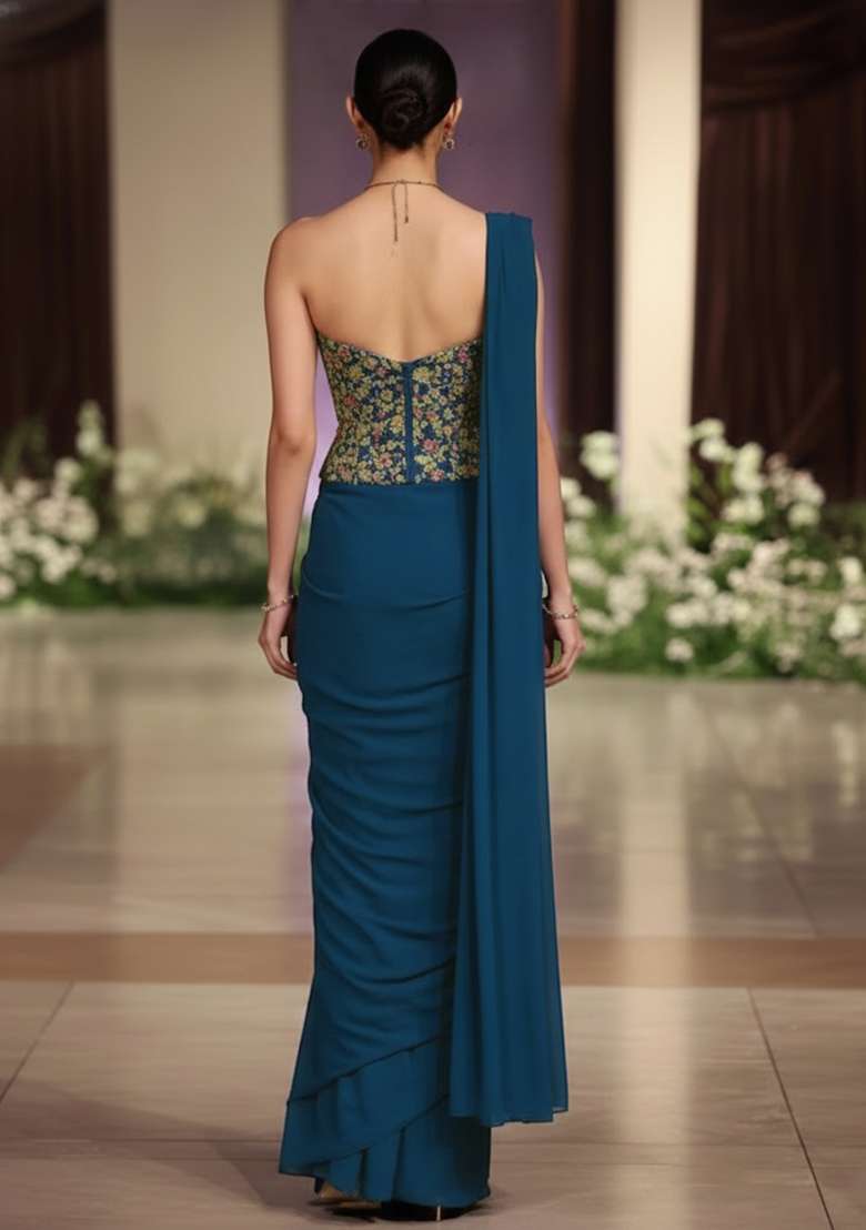 Dark Blue Embroidered Georgette Pre Draped Saree Set - Indya