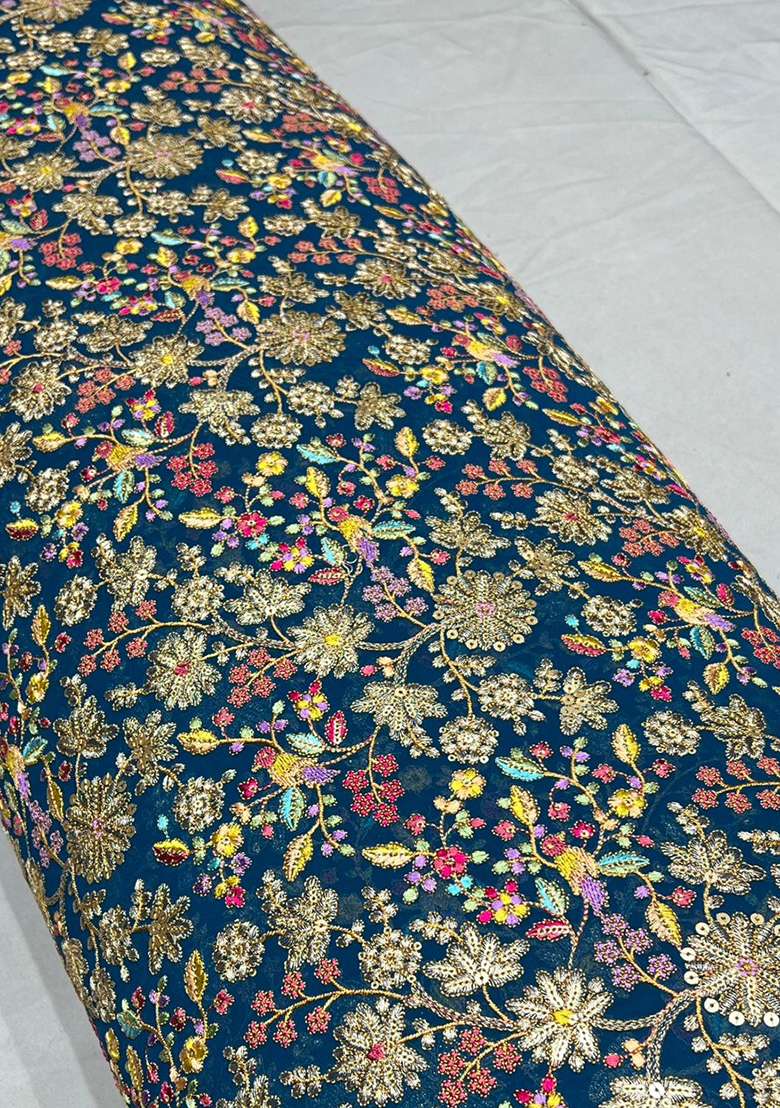 Dark Blue Embroidered Georgette Pre Draped Saree Set - Indya