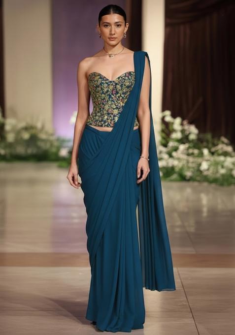 Dark Blue Embroidered Gerogette Pre Draped Saree Set