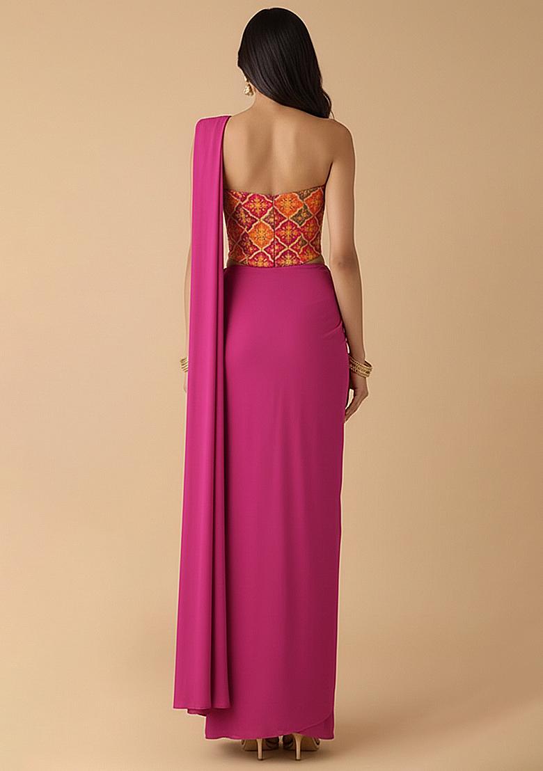 Pink Embroidered Crepe Pre Draped Saree Set - Indya