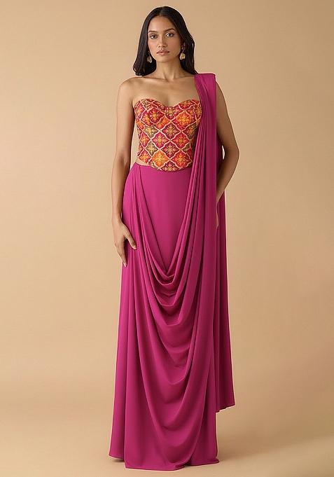 Pink Embroidered Crepe Pre Draped Saree Set