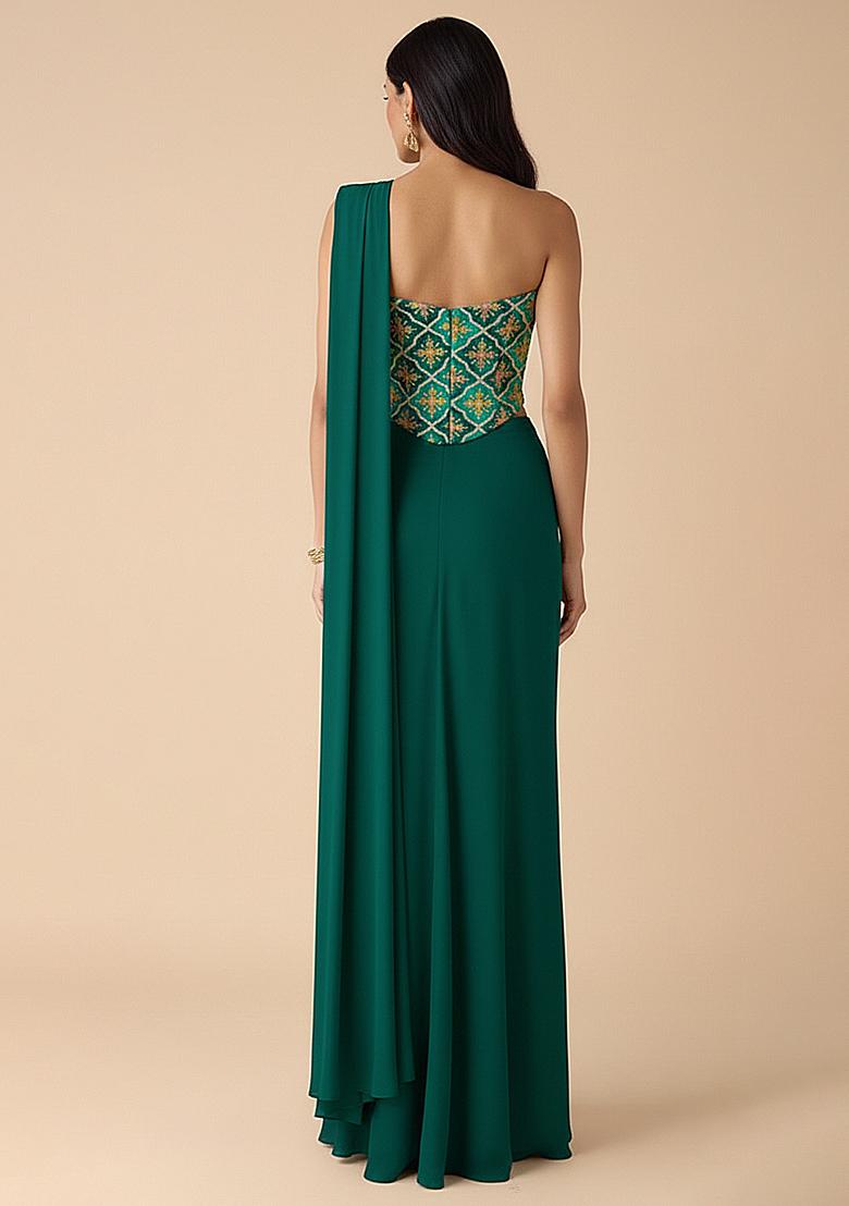 Bottle Green Embroidered Crepe Pre Draped Saree Set - Indya