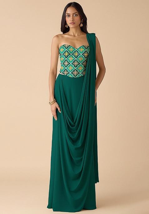 Bottle Green Embroidered Crepe Pre Draped Saree Set