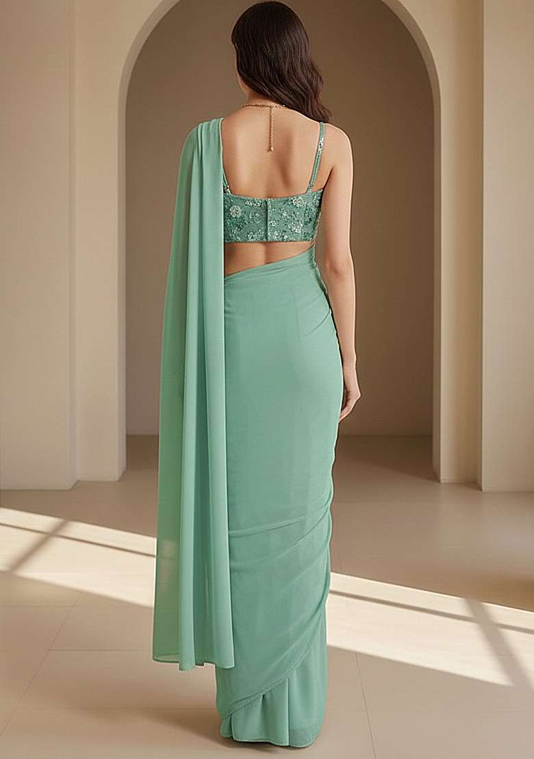 Mint Green Embroidered Net Pre Draped Saree Set - Indya
