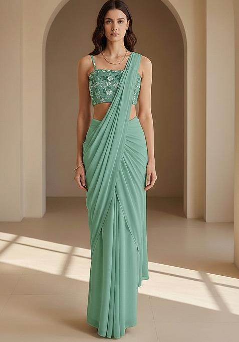 Mint Green Embroidered Net Pre Draped Saree Set