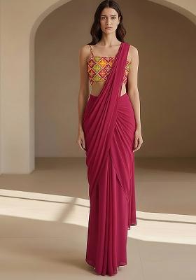 Pink Embroidered Crepe Pre Draped Saree Set