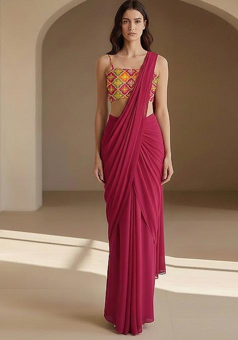 Pink Embroidered Crepe Pre Draped Saree Set