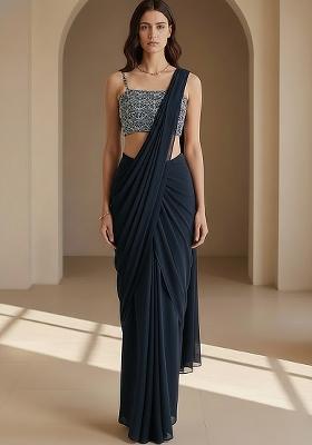 Navy Blue Embroidered Net Pre Draped Saree Set