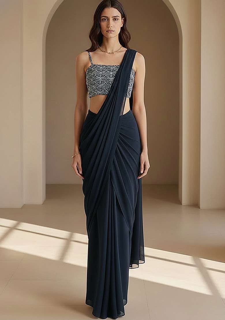Navy Blue Embroidered Net Pre Draped Saree Set - Indya