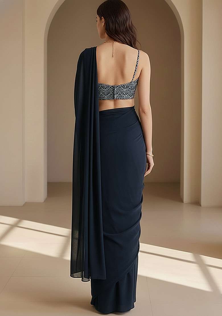Navy Blue Embroidered Net Pre Draped Saree Set - Indya