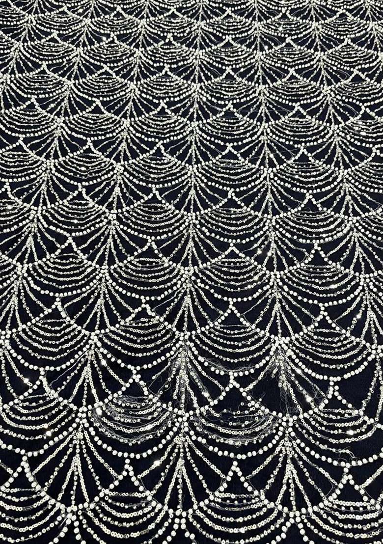 Navy Blue Embroidered Net Pre Draped Saree Set - Indya