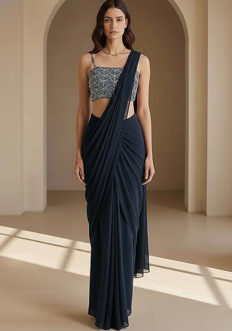 Navy Blue Embroidered Net Pre Draped Saree Set