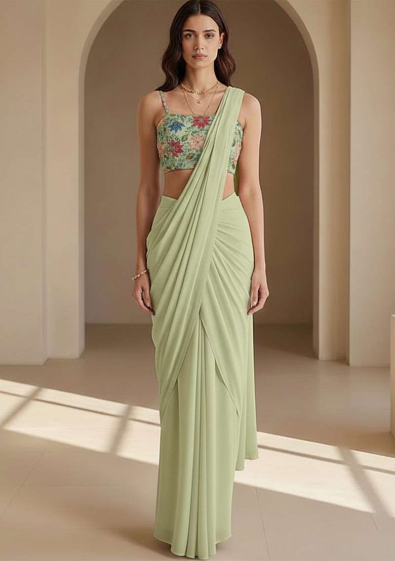 Mint Green Embroidered Pre Draped Saree Set - Indya