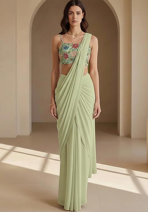 Mint Green Embroidered Pre Draped Saree Set