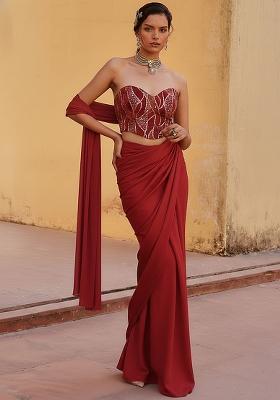Red Embroidered Pre Draped Saree Set
