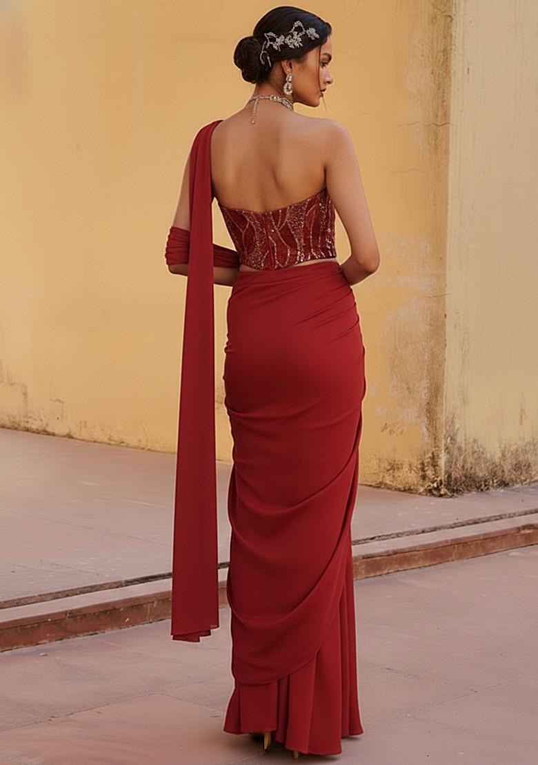 Red Embroidered Pre Draped Saree Set - Indya