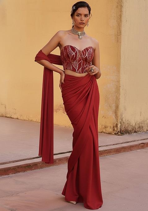Red Embroidered Pre Draped Saree Set
