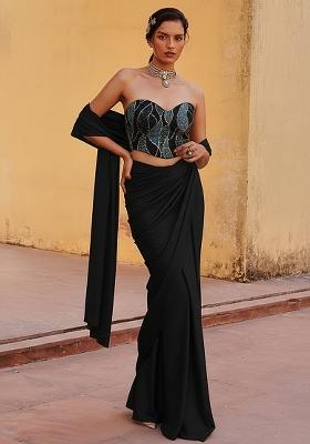 Black Embroidered Pre Draped Saree Set