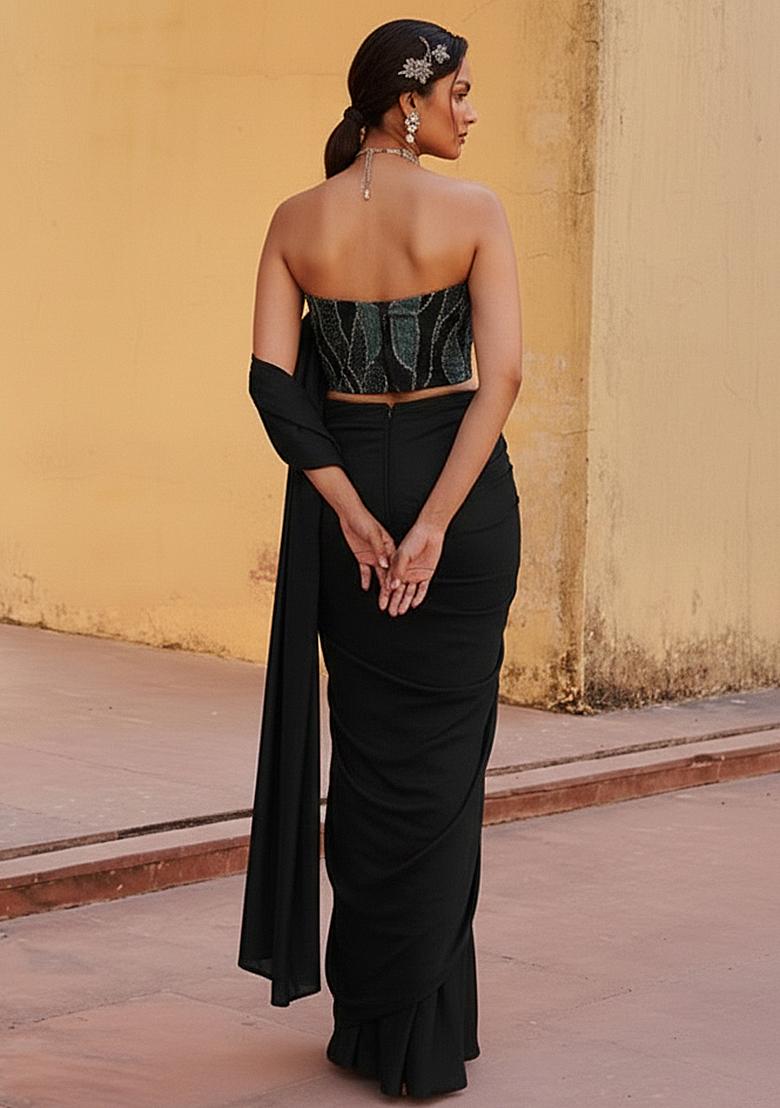 Black Embroidered Pre Draped Saree Set - Indya