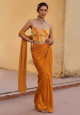 Yellow Embroidered Pre Draped Saree Set