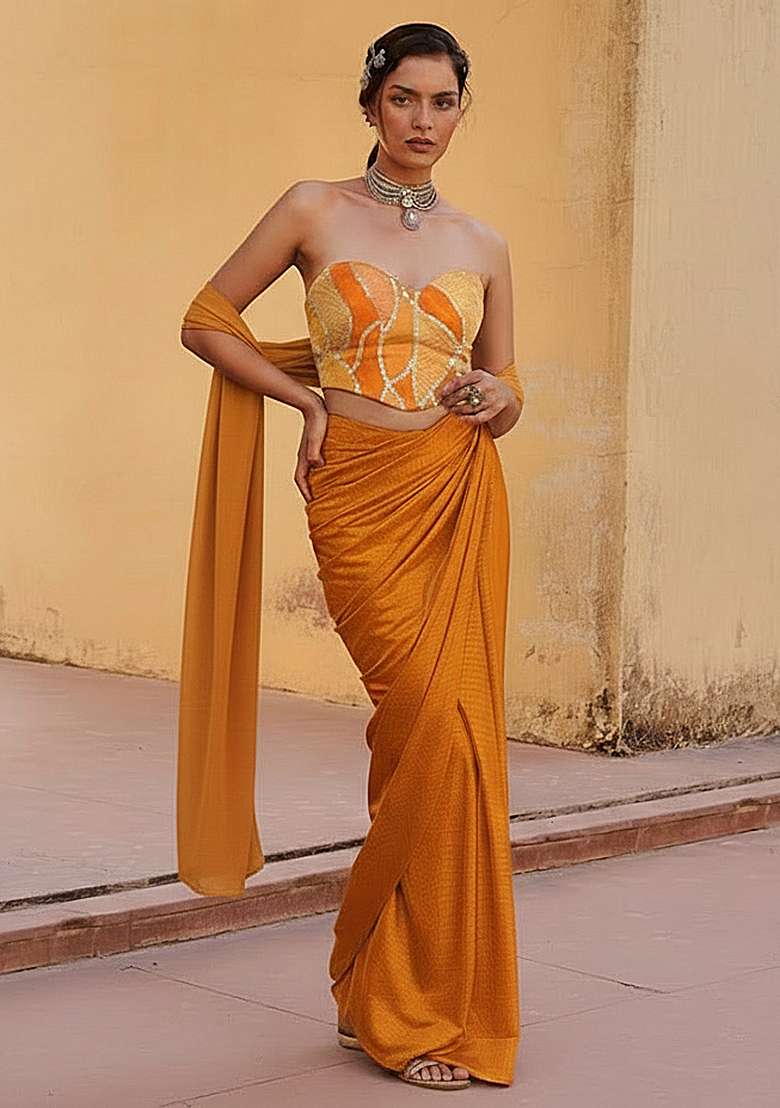 Yellow Embroidered Pre Draped Saree Set - Indya