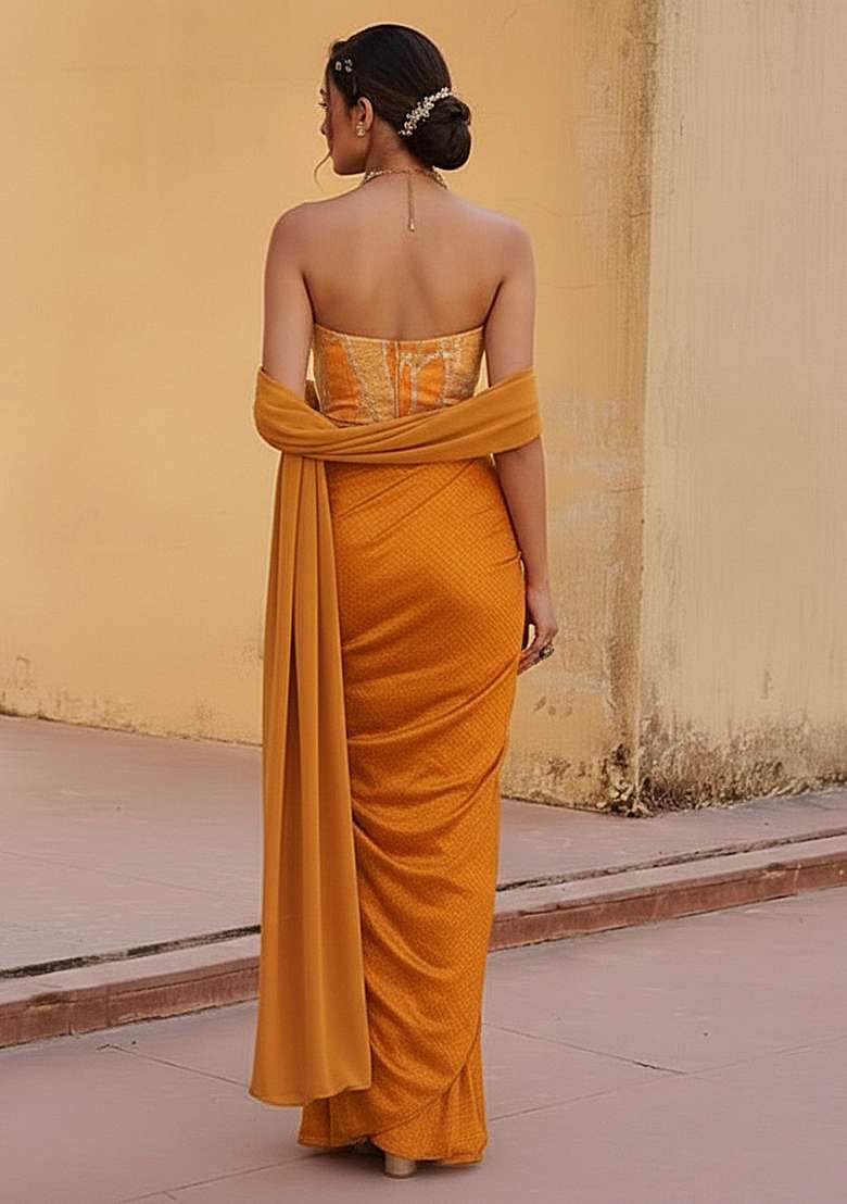 Yellow Embroidered Pre Draped Saree Set - Indya