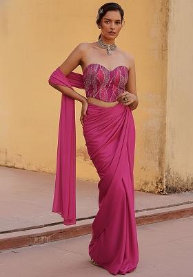 Pink Embroidered Pre Draped Saree Set