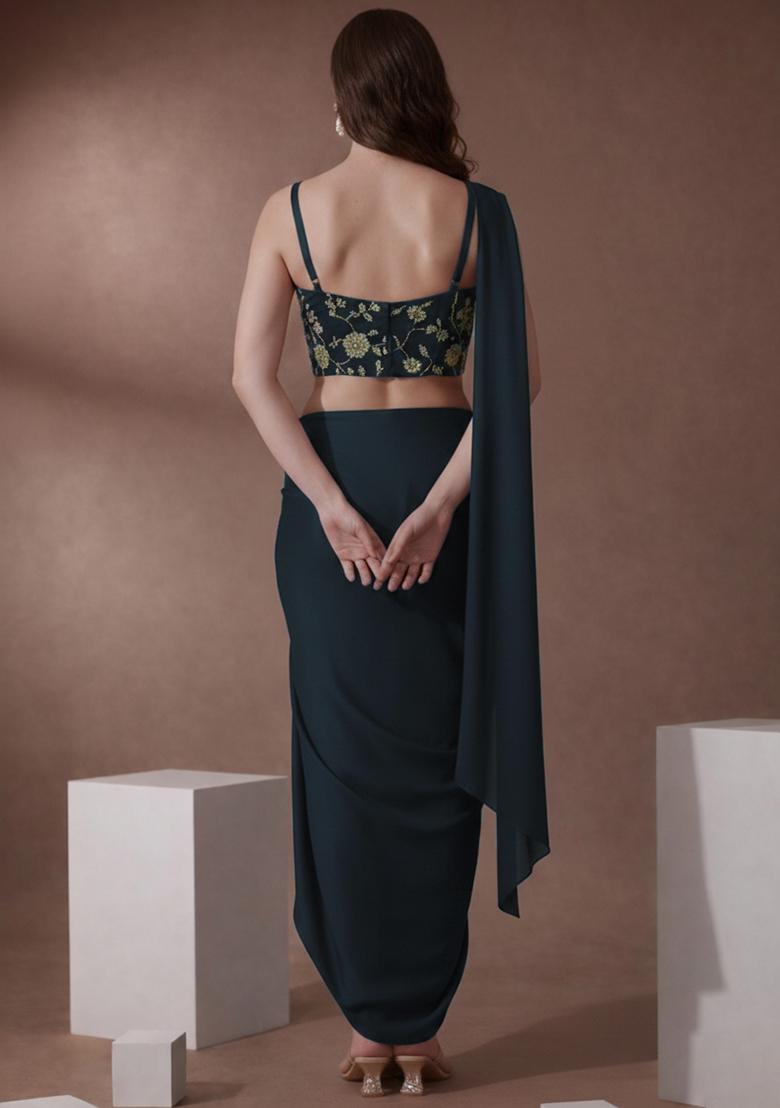 Black Embroidered Silk Pre Draped Saree Set - Indya