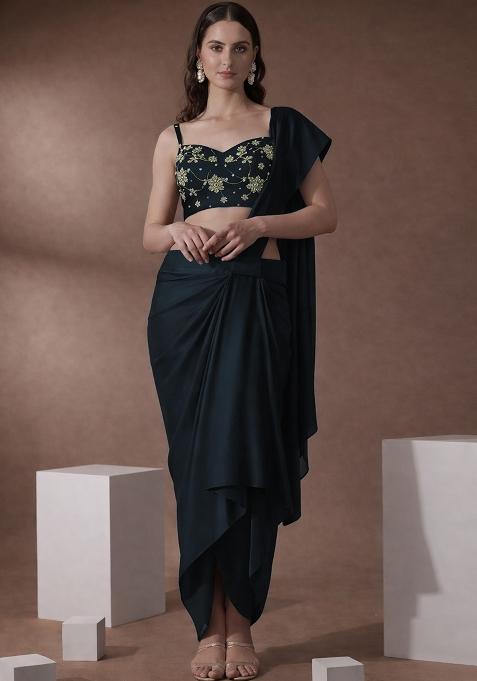 Black Embroidered Silk Pre Draped Saree Set