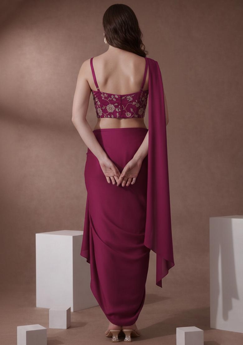 Wine Embroidered Silk Pre Draped Saree Set - Indya