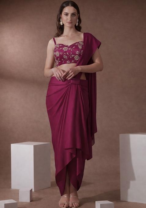 Pink Embroidered Silk Pre Draped Saree Set