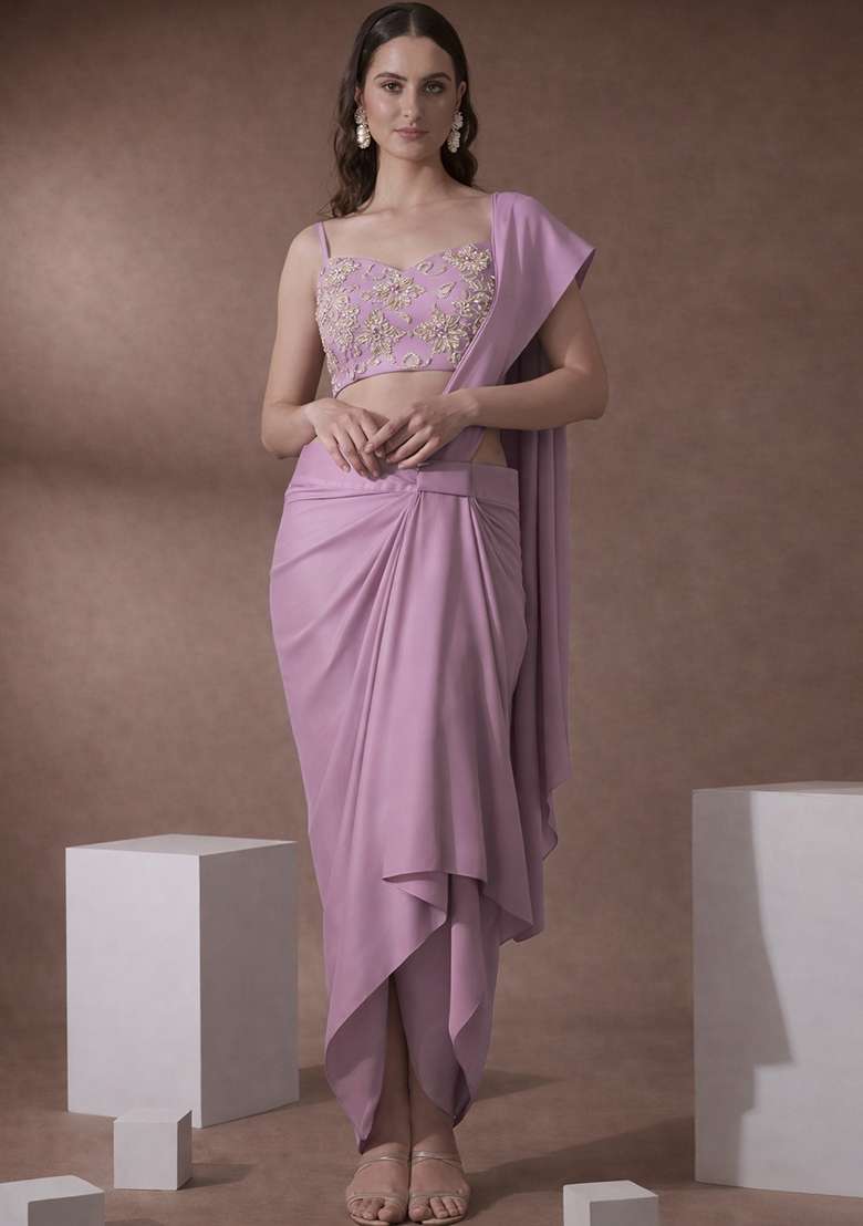 Lavender Silk Blend Pre Draped Saree Set with Embroidered for Diwali | Wedding & Festive Wear - Indya