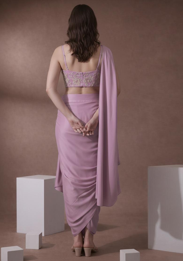 Lavender Embroidered Silk Pre Draped Saree Set - Indya
