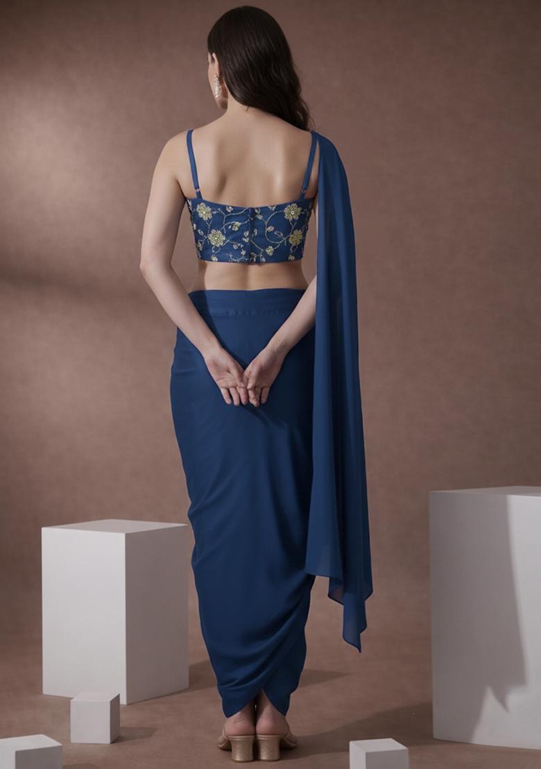 Navy Blue Embroidered Silk Pre Draped Saree Set - Indya