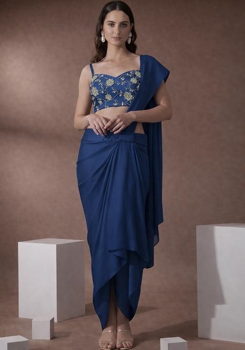 Navy Blue Embroidered Silk Pre Draped Saree Set