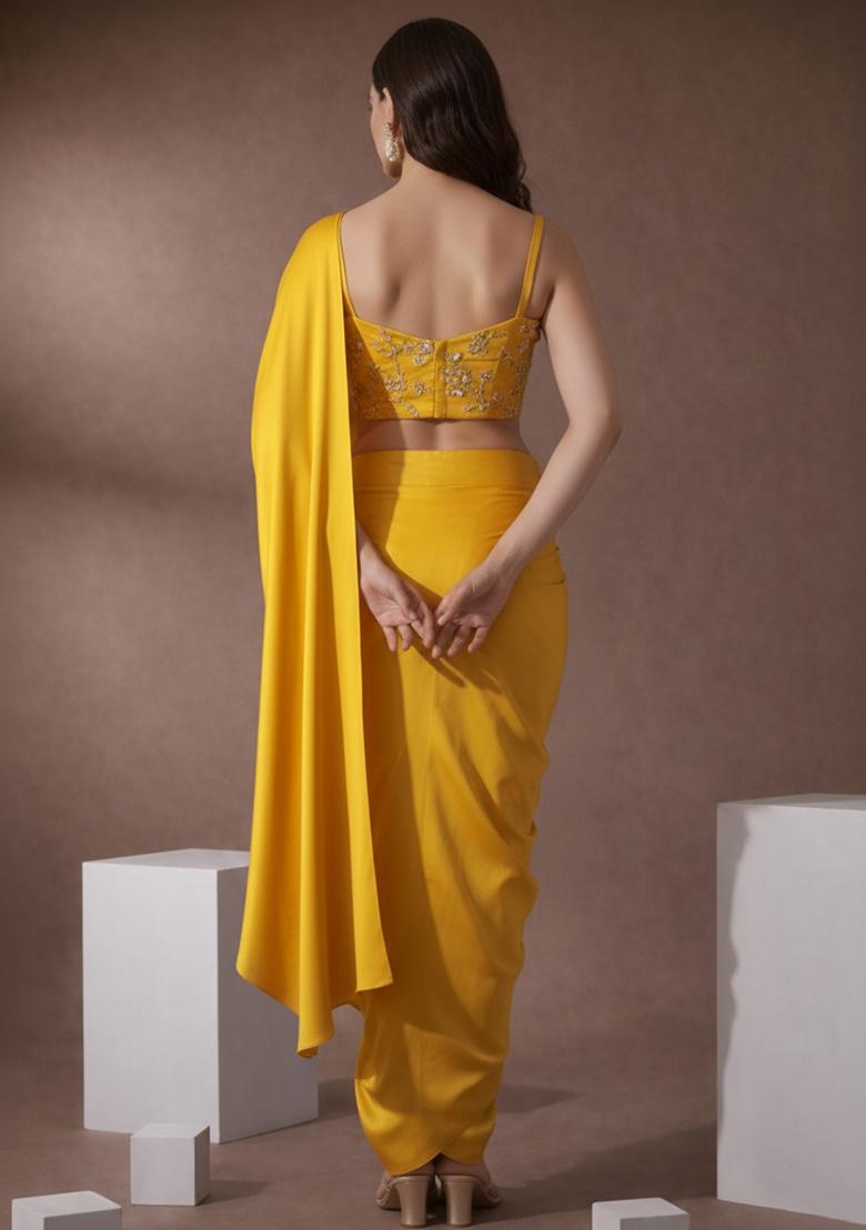 Yellow Embroidered Silk Pre Draped Saree Set - Indya