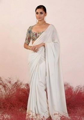 Beige Embroidery Blouse Crepe Pre Draped Saree Set