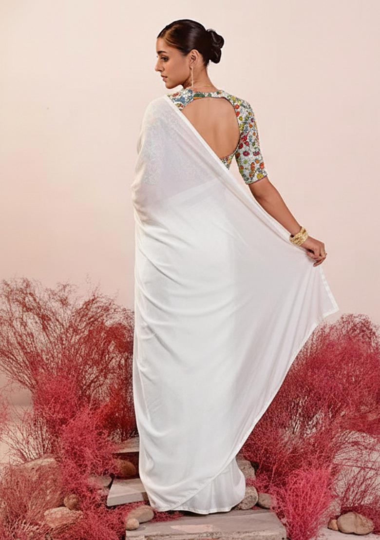 Beige Embroidery Blouse Crepe Pre Draped Saree Set - Indya