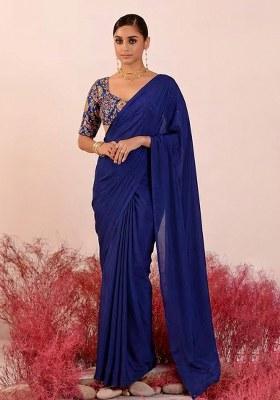 Navy Blue Embroidery Blouse Crepe Pre Draped Saree Set