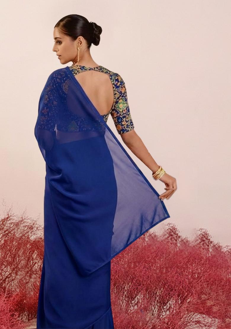 Navy Blue Embroidery Blouse Crepe Pre Draped Saree Set - Indya