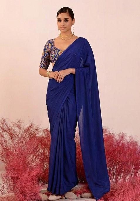 Navy Blue Embroidery Blouse Crepe Pre Draped Saree Set