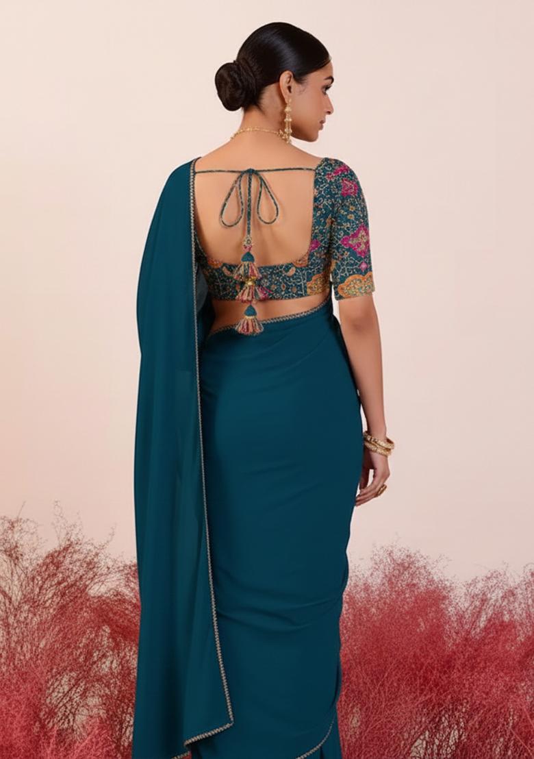 Teal Blue Embroidery Blouse Crepe Pre Draped Saree Set - Indya