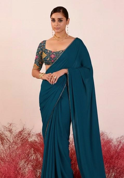 Teal Blue Embroidery Blouse Crepe Pre Draped Saree Set