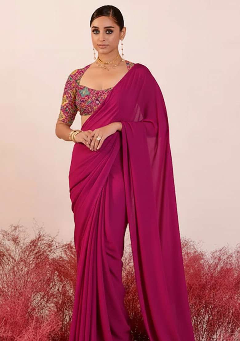 Pink Blouse Crepe Pre Draped Saree Set with Embroidery for Diwali | Wedding & Festive Wear - Indya