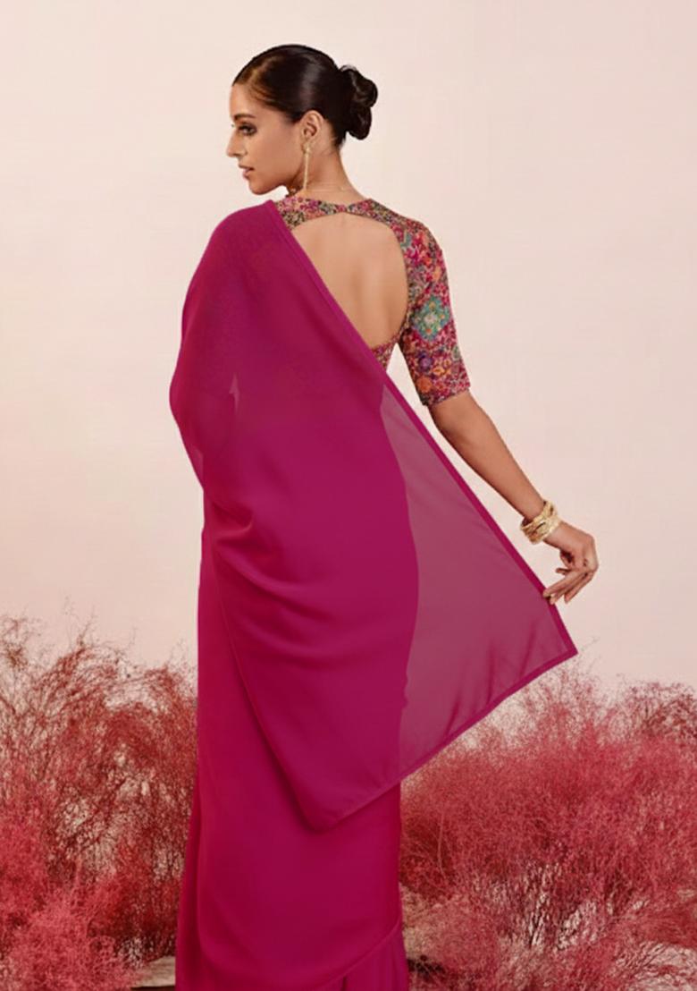 Pink Embroidery Blouse Crepe Pre Draped Saree Set - Indya