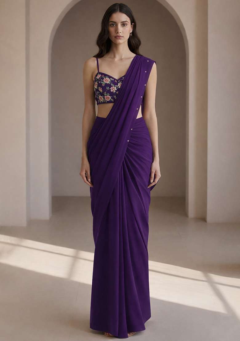 Purple Blouse Crepe Pre Draped Saree Set with Embroidery for Diwali | Wedding & Festive Wear - Indya